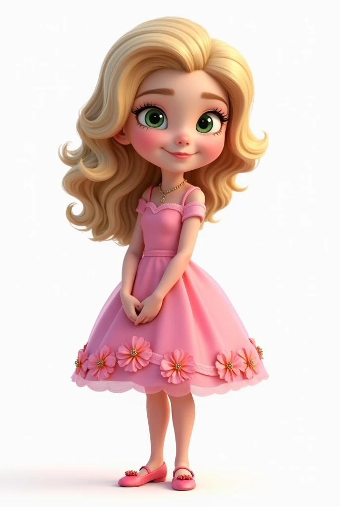 Create a  , Pixar cartoon style with a beautiful pink dress with flower details on the hem of the dress,She with white skin  , green eyes ,curly blond hair , smiling with a very cute dimple on her chin looking at the camera  , with a white background and i...