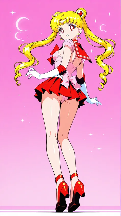 sailor moon, in pink lingerie,  seen from below , full body, top, pless ,  short skirt , Without wearing a wet blouse skirt,  smiling, FROM BACK 