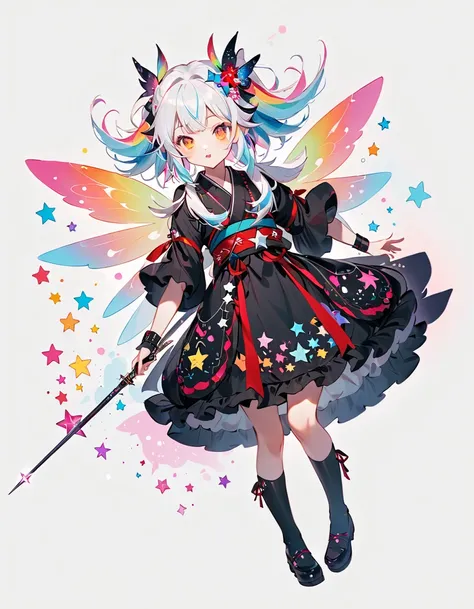  best detail、  1 girl，，Blink， （  the hair color is milky white and the tips of the fur are blue）、  The Cutest Girl in the World   ，Please wear a colorful and cute goth kimono costume  , star fairy ,Please wear a colorful and cute goth kimono costume   with...