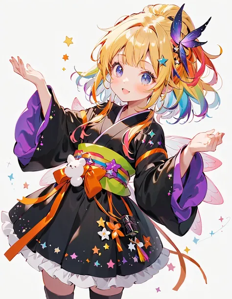  best detail、  1 girl，，Blink， （  the hair color is milky white and the tips of the fur are blue）、  The Cutest Girl in the World   ，Please wear a colorful and cute goth kimono costume  , star fairy ,Please wear a colorful and cute goth kimono costume   with...