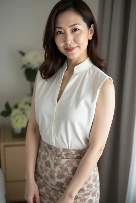   mature women、   Japanese  、48 years old (Mature Beauty: 1.5)、 kind,  Enchanting Smiles  、(  nasolabial fold  :1.4)、   Natural Aging   、Warm Eyes 、( close up shot of upper body:1.3)、   Soft  , Natural wrinkles 、   clean skin (1.4)、    sharp concentration ...