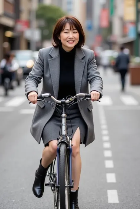  1 girl, solo, Beautiful Japanese wife 、50 years old、 high resolution, chest,  look,  blushing ,  shortcuts, bangs,  Hair, smile, masterpiece,  best quality,  anatomically correct,  gray coat、 black high neck sweater、 slit skirt、 boots、 The City of Tokyo、 ...