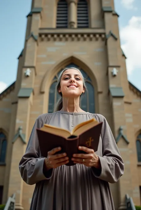 Christian woman in front of the church with her bible, 