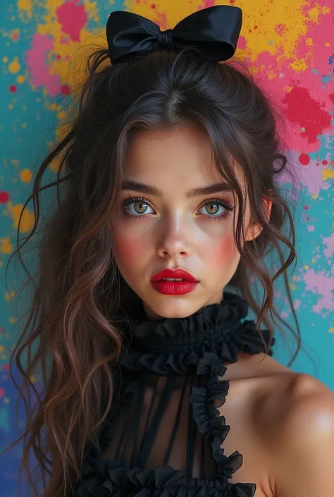 A realistic photograph, masterpieces ,A captivating portrait of a stunning beautiful young girl, Against a kaleidoscopic backdrop of abstract colors, her features emerge in hyper-realistic detail. Vibrant hues on her background, weaving together mixed tech...