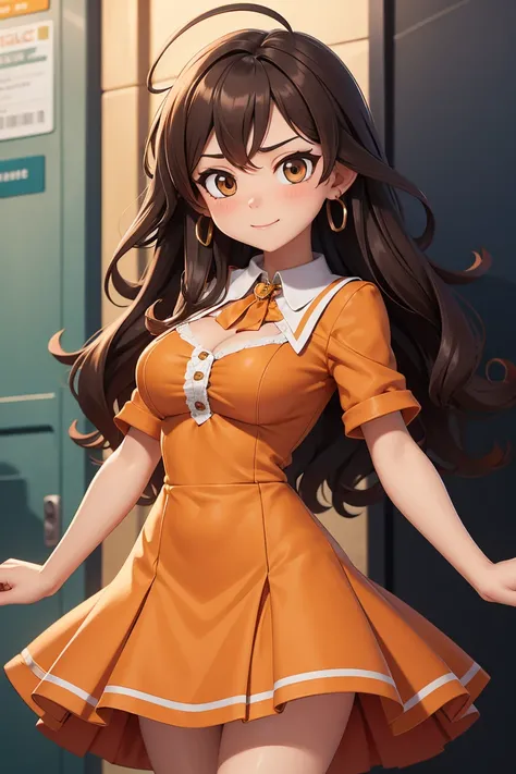 Busty wavy brown haired college girl dressed in an orange dress with a flared skirt