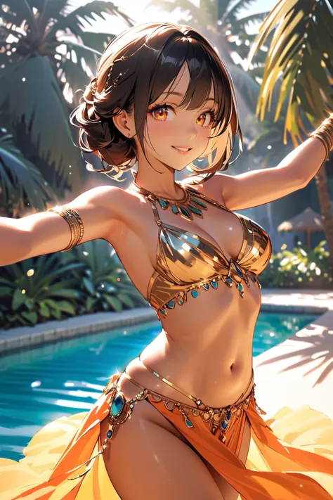 1 girl, (beautiful face), ager, to various hairstyles, (smiling), (shiny eyes), medium breasts, slim, (wearing a sexy belly dancer costume with intricate patterns), flowing fabric, (tanned skin), 
BREAK 
Oasis, palm trees, golden sands, (dancing gracefully...