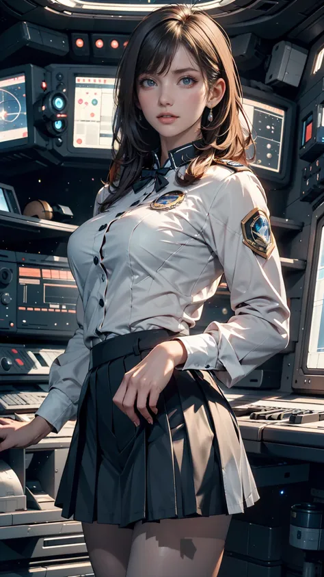 ( highest resolution,  clear_ images),  best quality, masterpiece,  very detailed,  semi-realistic,  short dark-haired woman ,  mature women, Triple Bang,   black uniform ,  BLACK PLEATED SKIRT , uniform, spaceship space,  control room, Commander