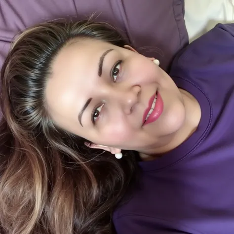 

there is a woman  lying on a bed with a purple shirt,  an image inspired by Gina Pellón , reddit, tachisme, 3 0 year old woman ,  30-year-old female, lorena avarez, 38 years old,  profile picture , profile picture, ayahausca,  lying on a bed,  40-year-ol...