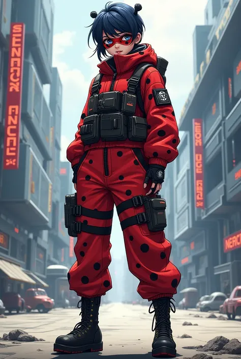 Miraculous Ladybug in a baggy military type outfit with a futuristic mask, anime