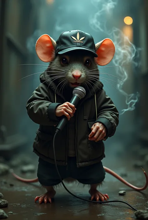 a gangster rat wearing a cap smoking marijuana and producing a beat on the mic in a place filled with marijuana
