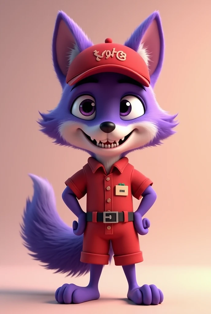 Generate the image of an animated YouTube-style purple wolf wearing a food delivery uniform for a YouTube thumbnail