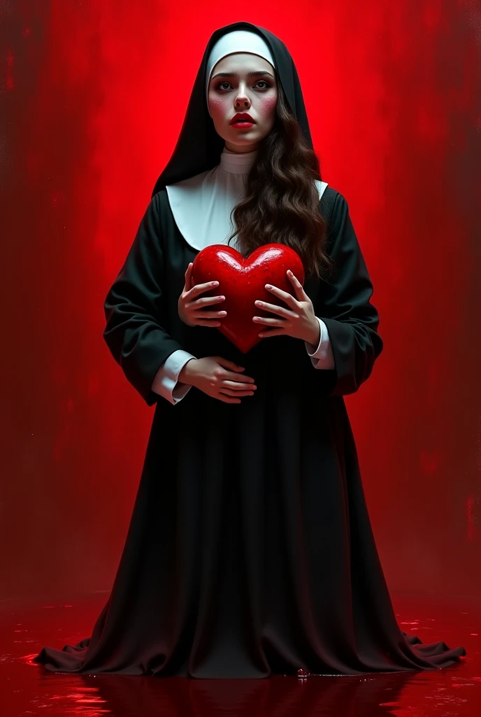  A sexy wavy brunette wicked nun standing on a pool of blood.  She hugs in her heart full of real blood . a crying girl ,  embraces a nun's skirt . 