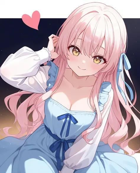 masterpiece,  BEST QUALITY,  1 girl, Alone,  girl、Petite、 small tits、 light pink hair, light blue ribbon、  long hair,  half twin、 yellow eyes、  cute dress, Cleavage emphasis、 Long Sleeve, Frilled, smile,,  idol、 a lot of hearts、 toy poodle