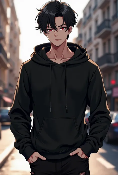 Anime character, Dante: a slim young man who draws attention for his striking and captivating appearance. His black hair falls in soft waves, framing his striking and attractive face. The light reflects off his strands, creating an almost ethereal glow tha...