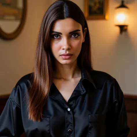 A upper body shot of a woman with long dark brown hair standing, a black satin shirt in a cafe. Her eyes are wide open looking into the camera. and smooth straight hair,dianap