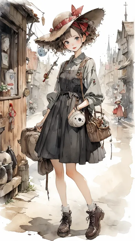  Norman Rockwell  &  Tim Burton style 、 Watercolor touch、Rustic、quality、 Character Design 、solo, 