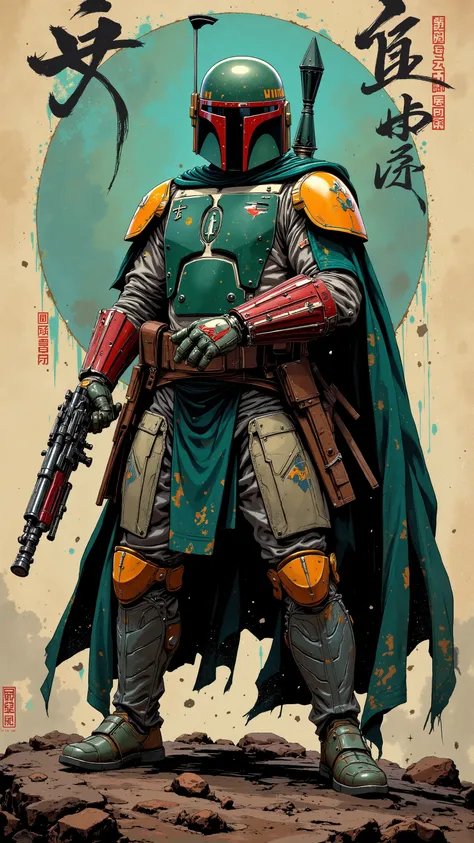 8k, masterpiece, highest quality, Star Wars, samurai Boba Fett, samurai armor, musketeer, Musket, metallic armor, Japanese calligraphy background, action pose,  teal and yellow color scheme,  detailed costume, high contrast, dramatic shadows