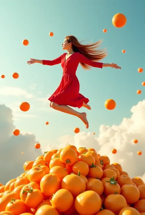  Potoshot an expressionless Korean woman jumps on a giant pudding of many blubery fruits,strobery,kiwi,flying oranges, wears a red dress,long-haired red ombre,cloud background ,WRITING "sweet qkae " LIT 