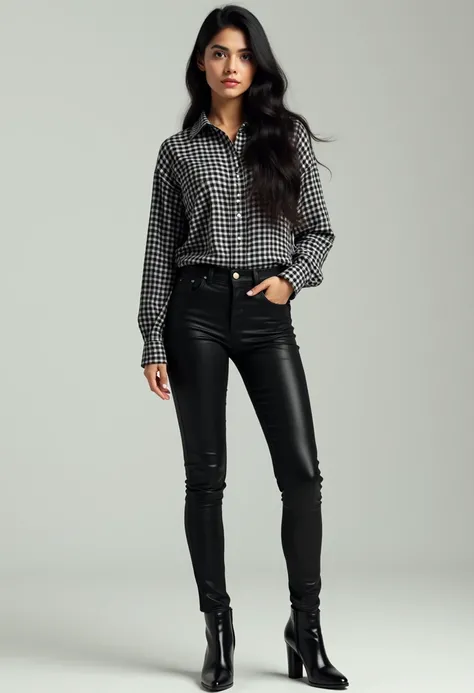 A Pakistan women 20 years white skin and Black hair and black checked shirt full sleeve and black jeans pant and black shining boots High quality 8k uhd upscale realistic 