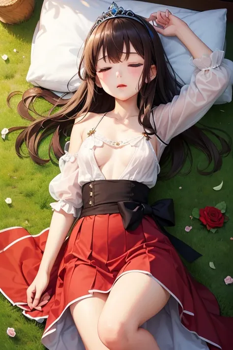  best quality,   super high resolution, illustration style, (( cute middle school girl)),( small tits), long brown hair、 tiara 、Sleeping Beauty、Rose Vine