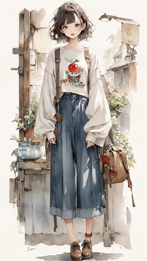  Norman Rockwell  &  Tim Burton style 、 Watercolor touch、Rustic、quality、 Character Design 、solo,  casual fashion、