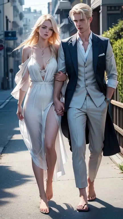 Tall,  handsome, Hall々And, male,  Highly athletic ,  majestic young man - platinum blonde ,  he has very long, pure white hair ,  long bangs, gray-blue eyes,  Highly athletic  build,  he's wearing a thin white silk dress .  he walks barefoot along the coas...