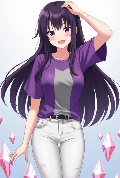 White woman with long hair,  dark purple color , violet eyes,  smiling but with a defiant look, purple shirt with a large gray stripe in the center, white jeans pants, with diamond-shaped prisms surrounding it, with one arm raised as much as possible as a ...