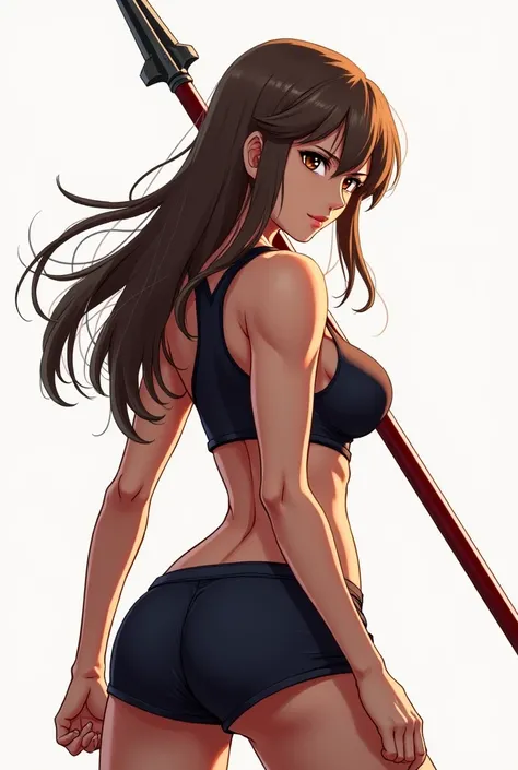 Anime woman drawing base full body from behind while holding a sharp spear, tall, female shaped Muscular body long straight hair with waves Looking back, Full body anime eyes 