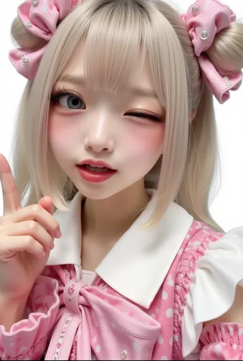 A cute girl wink with her one eye, open mouth, toung out, showing her middle finger ✌️, luxuriant eye lashes, glossy lips delicate nose, double bun hair, front bang hair, golden white hair, very cute girl, pink nailpolish, cute outfit 