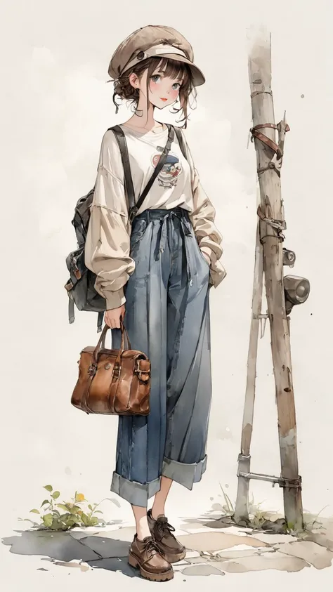  Norman Rockwell  &  Tim Burton style 、 Watercolor touch、Rustic、quality、 Character Design 、solo,  casual fashion、