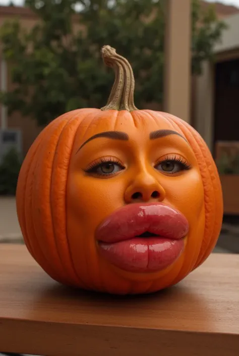 photo of a pumpkin, a pumpkin with lips, a pumpkin is sitting on a table, the pumpkin has a mouth, big sexy bimbo lips, pumpkin with a sexy bimbo mouth, orange lipstick, it is a pumpkin that has big luscious bimbo lips, high quality photo, pouting face, ex...