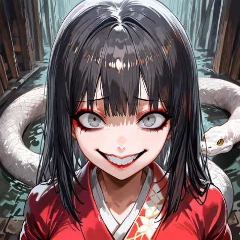 (( best quality)), ((masterpiece)), ( Details), black hair, long hair, shiny hair with makeup,Bob, grey eyes,Downcast, crazy smiles ,red Japanese kimono, the lower body is the body of a snake,The dim swamp ,