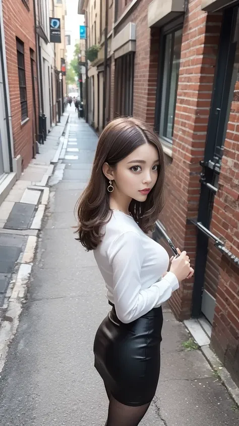  black(( micro pencil skirt overlooking the city from the top of a hill、 stockings、 pin heels))、White blouse、 1 girl、 blonde、 Straight Bob Hair 、Medium breast、 skinny body、Earrings、(Narrow backstreets、Brick wall、Carrying a business bag over your shoulder )...