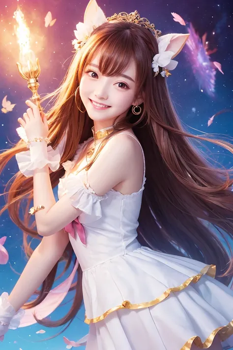   best quality、masterpiece、  high resolution、   Details、smile、Bright and fun   、Erupt、  long hair、  cute、Magical girl、Plain background