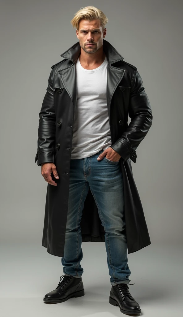 Spectacular blond muscular man wallpaper, handsome,  strong and muscular legs, large lump ,  a pair of jeans, modern t shirt ,  trendy leather trench coat ,  photo realistic , 