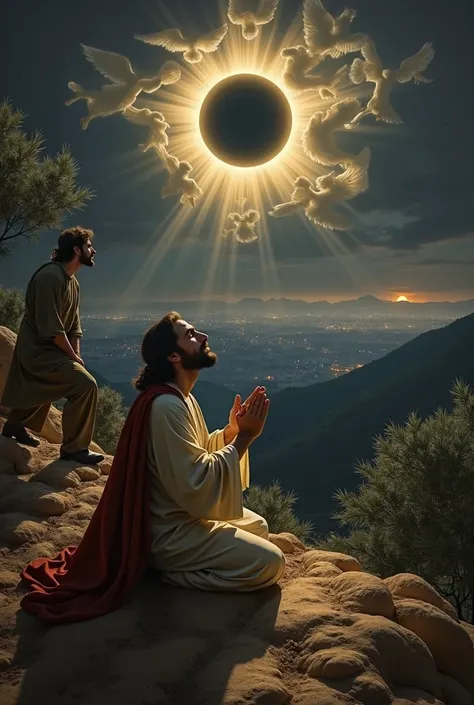 Jesus praying on the Mount of Olives in an eclipse as angels fall from the sky