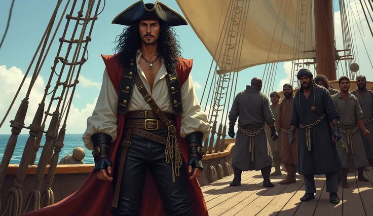 A 32-year-old man, with white skin and long, curly black hair. He is dressed as a pirate and is on a ship. In the background of the deck you can see some chained black people.