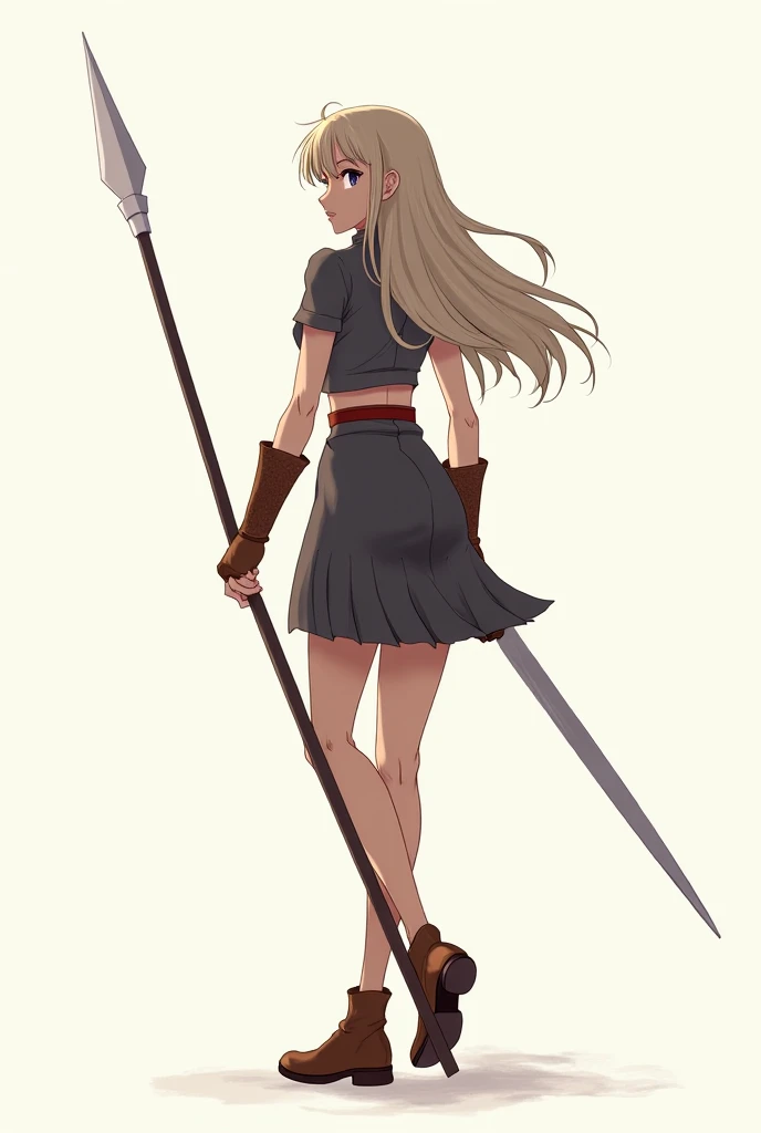 Anime woman drawing base full body from behind while holding a sharp spear, tall, female shaped body long straight hair with waves 