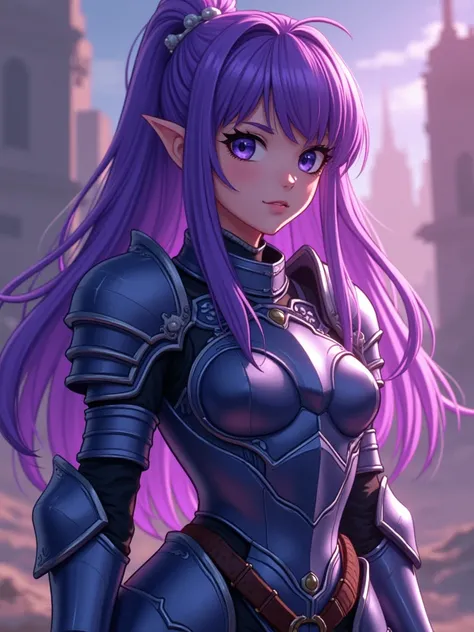 Anime style, Violet skin, indigo eyes, knight armor, fit body