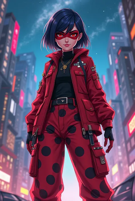 Miraculous Ladybug in her cosmobug outfit with a baggy military type outfit, anime