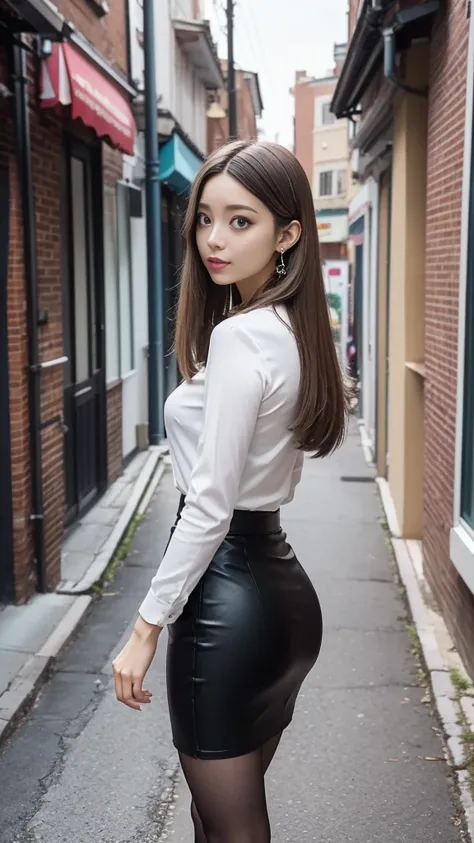  black(( micro pencil skirt overlooking the city from the top of a hill、 stockings、 pin heels))、White blouse、 1 girl、 blonde、 Straight Bob Hair 、Medium breast、 skinny body、Earrings、(Narrow backstreets、Brick wall、Carrying a business bag over your shoulder )...