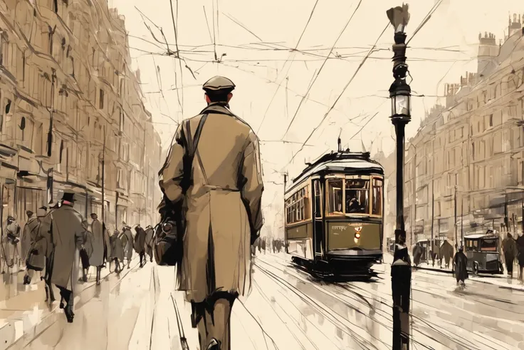 sketch, Of a man in a beret walking across a wide 1920s London landscape and a streetcar.  with thick, crossed lines ,  artwork .  Calcium light .   alta resolución,    masterpiece,  alta resolución,  lines of motion,   The best quality  ,   tall details, ...