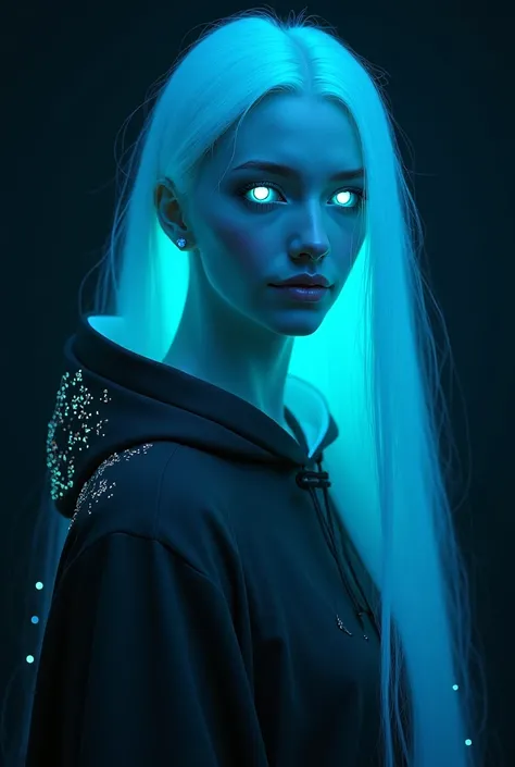 an androgynous male model, who has both masculine and masculine features. He has literal white skin, his hair is a very long, straight and neon cyan, his hair shines in the dark. He has cyan eyes that shines too. He has dark circles under his eyes. His loo...