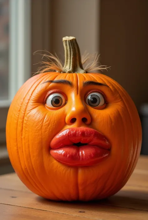 photo of a pumpkin, a pumpkin with lips, a pumpkin is sitting on a table, the pumpkin has a mouth, big sexy bimbo lips, pumpkin with a sexy bimbo mouth, it gas googly eyes stuck to it, orange lipstick, it is a pumpkin that has big luscious bimbo lips, high...