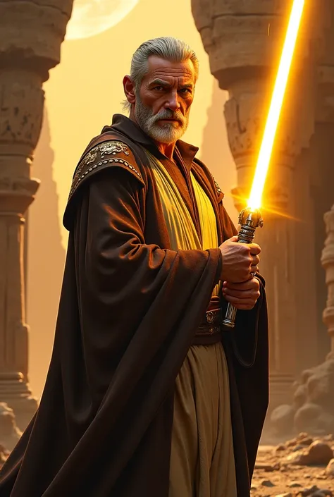 Adult Master Jedi Kaeltharion with gold lightsaber 