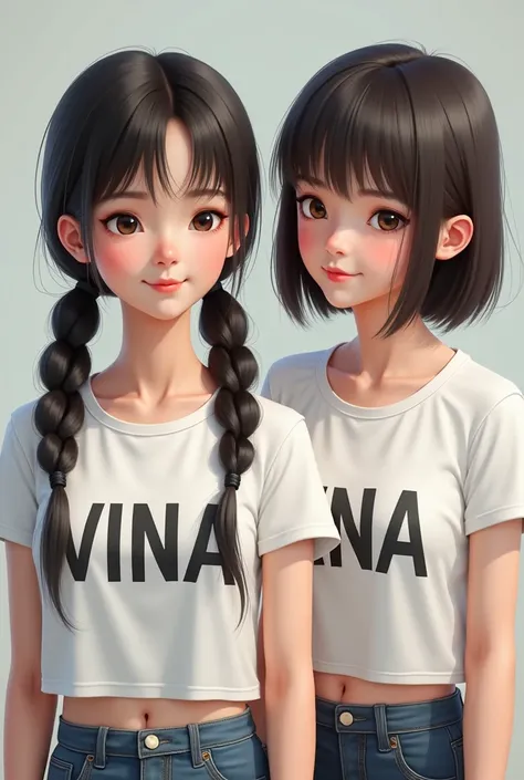 Create two realistic s .  One girl wears a short white T-shirt with the words' Vina 'and her hair is in a double pigtail.  One other girl wears a white t-shirt with 'UNA' with shoulder-length hair . 