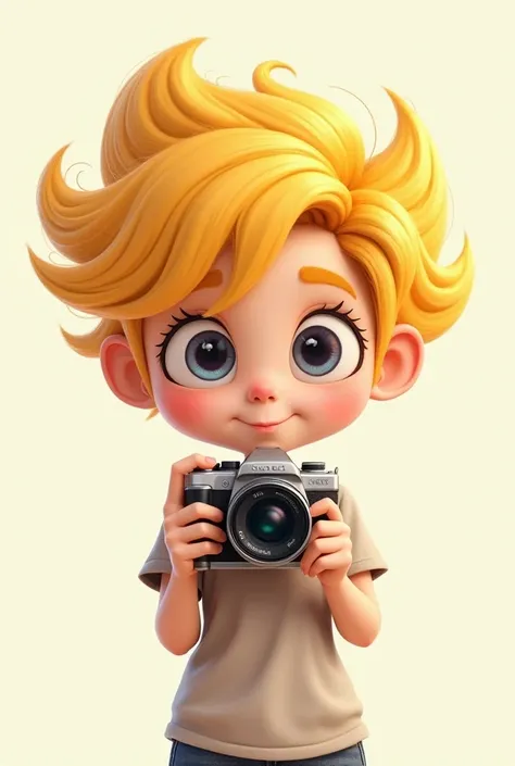  Create a cartoon-style image of a fair-skinned woman with staring hair and a blonde with big eyes, From the front holding a camera .  full body  