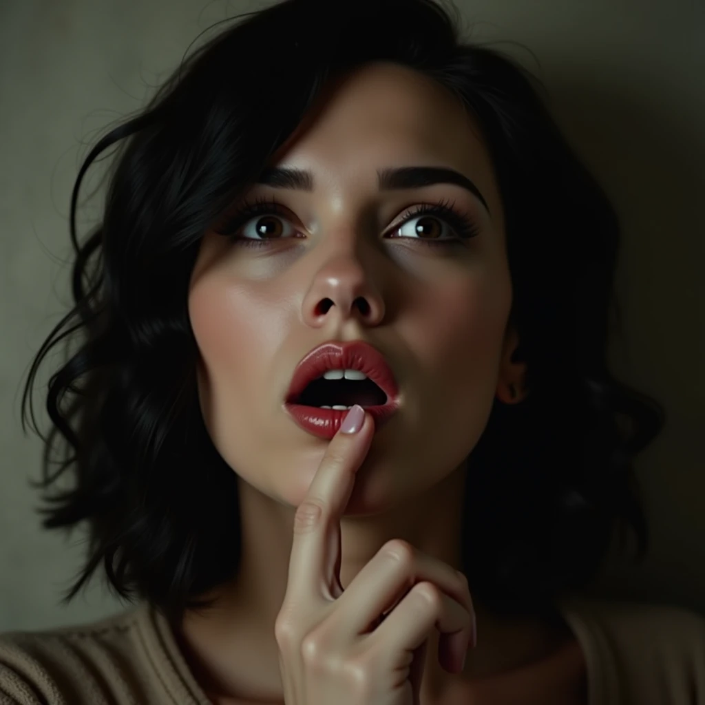 A high resolution photograph of a Scarlett Johansson, photo realistic, masterpiece, amazing quality, intricate details, professional lighting, solo, 1girl , face focus, black hair, detailed face, surprised face, (fingers brushing her lips), (white cum in m...