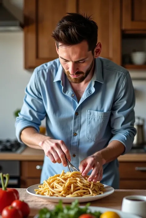 Messi, in a relaxed setting, stands in the kitchen, carefully preparing a simple homemade meal, his focus and precision mirroring his approach on the field, as he enjoys quality time with family."






