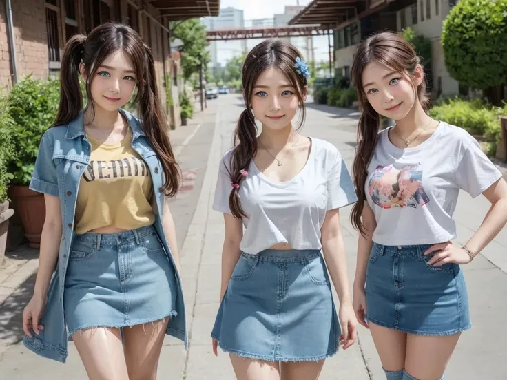 ( 3 girls),smile、    looking into the camera    、   Diamond Necklace、Pigtail , Wear it with Jeans skirt  ..( )、   smooth material  ,     slippery and elastic    ..、   revealing upper arms   、  socks with a blue green print, Knee Length  ,   extra long wing...